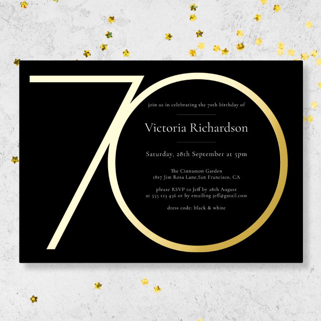 Black Modern Custom Minimalist 70th Birthday Gold  Foil Invitation (Mockup View)