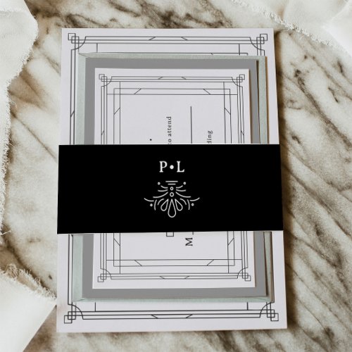 Black Modern Deco | Elegant Monogram Wedding Invitation Belly Band