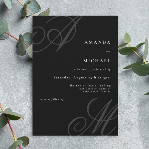 Black Modern Edge Elegant Minimal Monogram Wedding Invitation