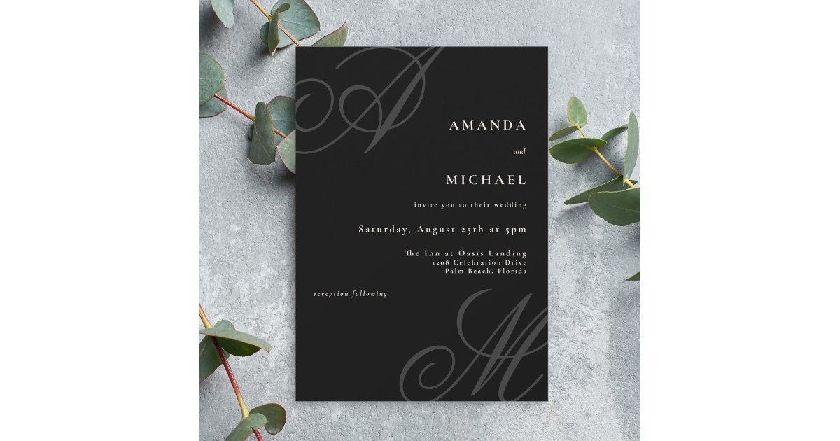 Black Modern Edge Elegant Minimal Monogram Wedding Invitation | Zazzle