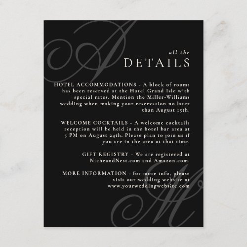 Black Modern Edge Elegant Monogram Wedding Details Enclosure Card