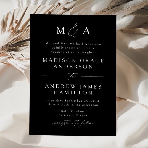 Black Modern Elegance Monogram Wedding Invitation