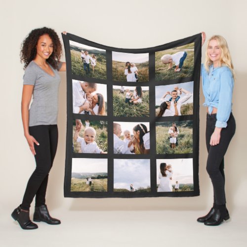 black modern elegant 12 photo personalized modern fleece blanket