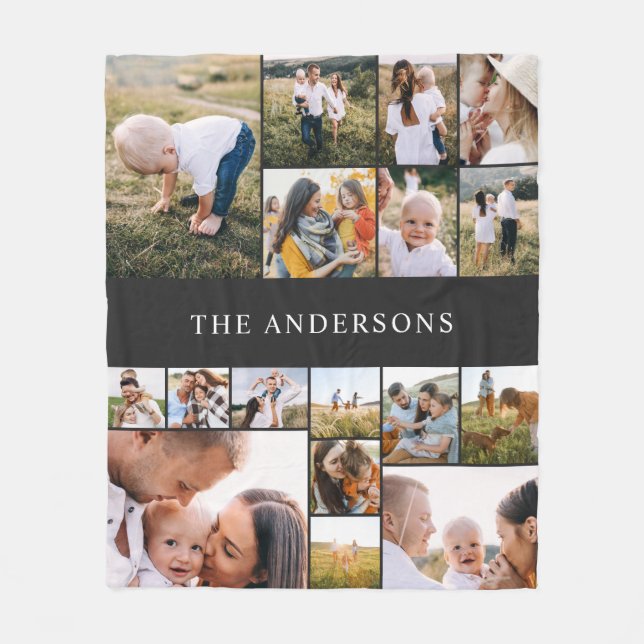 black modern elegant 17 photo personalized modern fleece blanket (Front)
