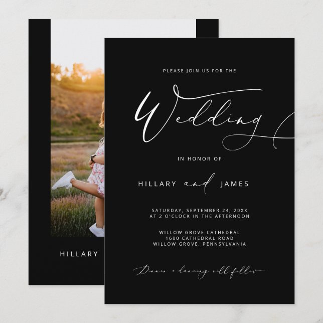 Black Modern Elegant Calligraphy Wedding Invitation (Front/Back)