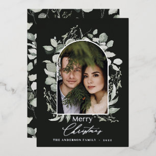 Black modern elegant eucalyptus green arch photo foil holiday card