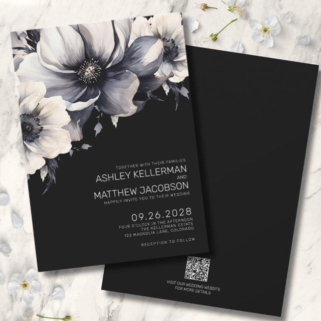 Black Modern Elegant Floral Wedding Invitation (QR Code Budget Modern Elegant Black Floral Wedding Invitation)