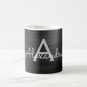 Black Modern Elegant Metallic Monogram Name Coffee Mug