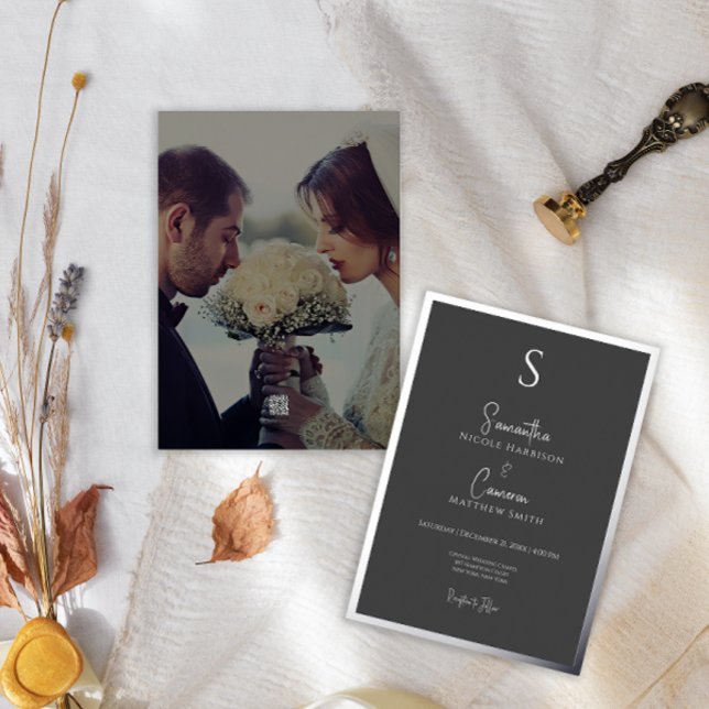 Black Modern Elegant Minimal Photo Foil Invitation (Creator Uploaded)