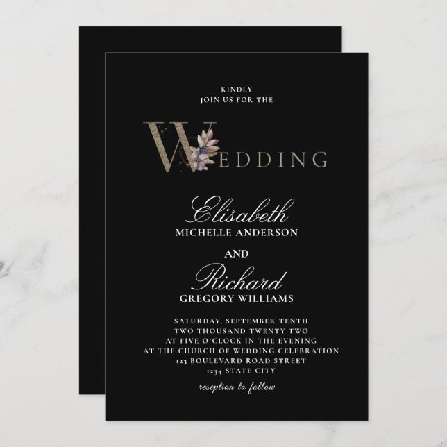 Black Modern Elegant Orchide Wedding Invitation (Front/Back)