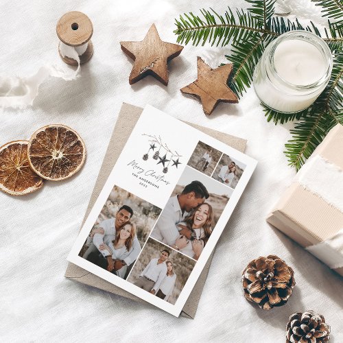 Black modern elegant script Christmas multi photo Holiday Card