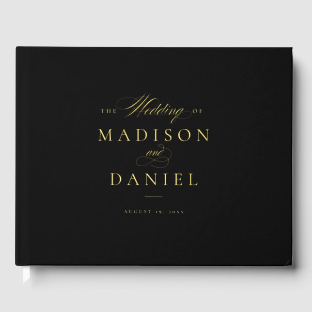 Black Modern Elegant Script Classic Wedding Foil Guest Book (Front)