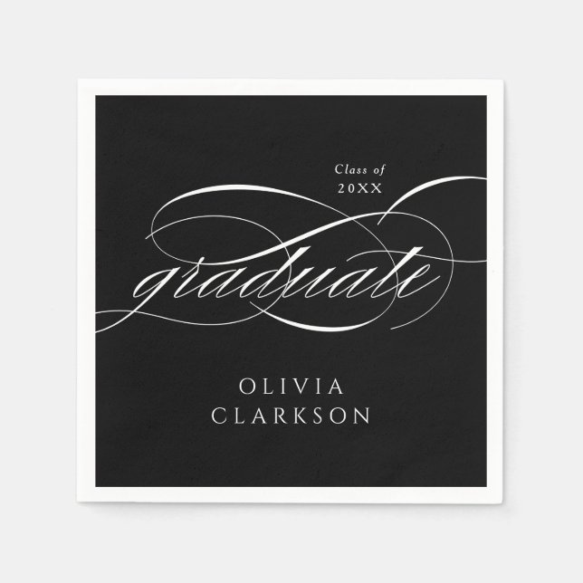 Black Modern Elegant Script Graduation Party Napkins (Front)