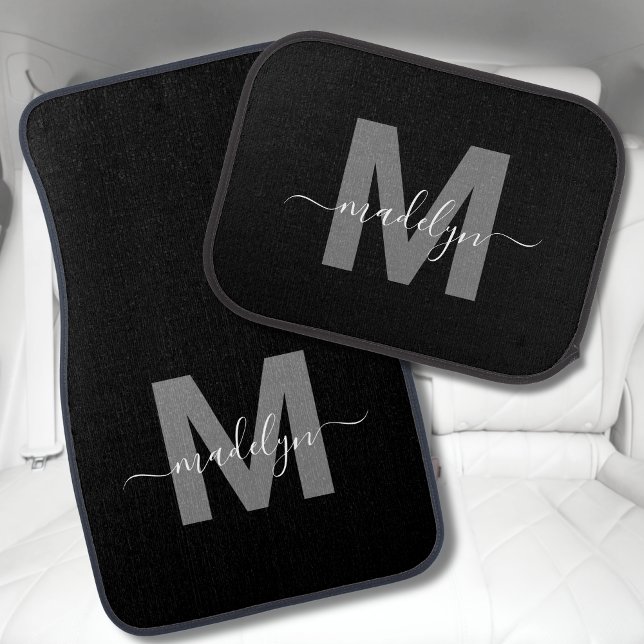 Black Modern Elegant Script Monogram Car Floor Mat (Modern Elegant Script Monogram Black Car Floor Mat)