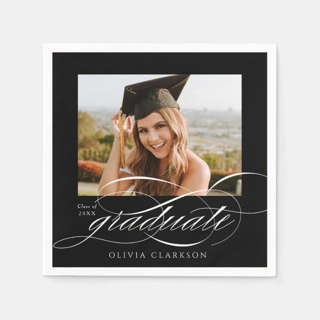 Black Modern Elegant Script Photo Graduation Party Napkins (Front)
