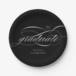 Black Modern Elegant Script Photo Graduation Party Paper Plates