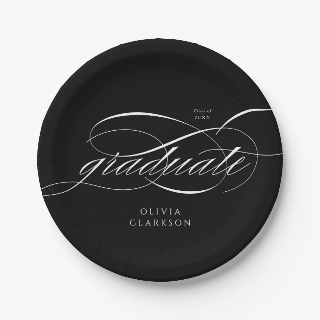 Black Modern Elegant Script Photo Graduation Party Paper Plates (Front)