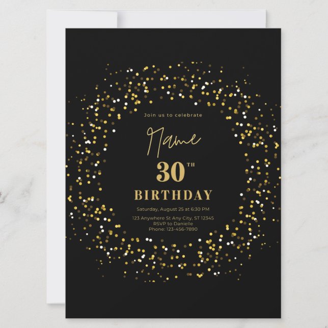 Black modern elegant simple glitter 30th birthday  (Front)