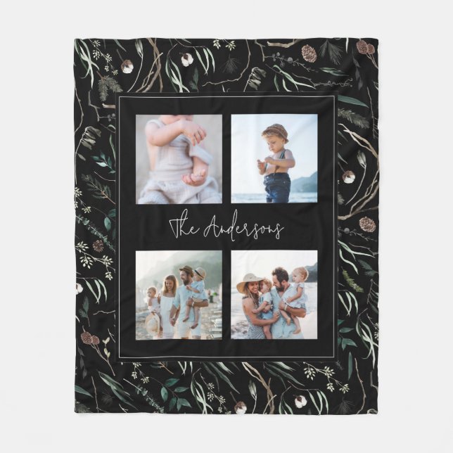 Black modern elegant watercolor botanical 4 photo fleece blanket (Front)