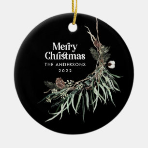 Black modern elegant watercolor botanical ceramic ornament