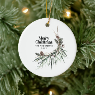 Black modern elegant watercolor botanical ceramic  ornament