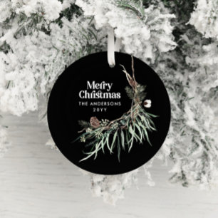 Black modern elegant watercolor botanical ceramic ornament