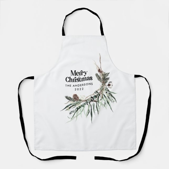 Black modern elegant watercolor botanical rustic apron (Front)