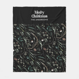 Black modern elegant watercolor botanical rustic fleece blanket