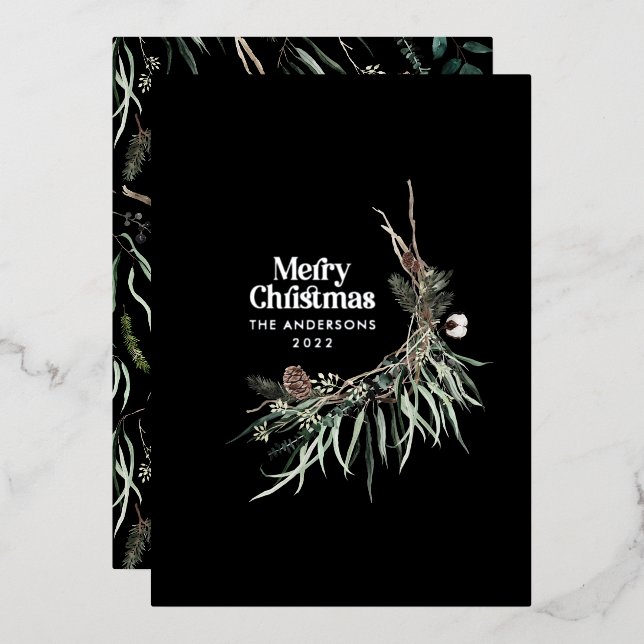 Black modern elegant watercolor botanical rustic foil holiday card (Front/Back)
