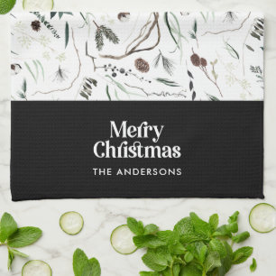 Black modern elegant watercolor botanical rustic k kitchen towel