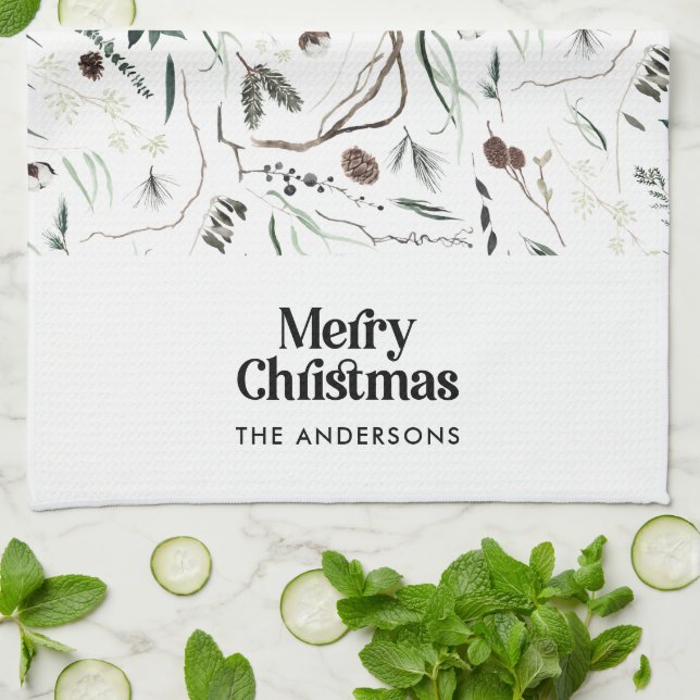 Black modern elegant watercolor botanical rustic kitchen towel (Folded)