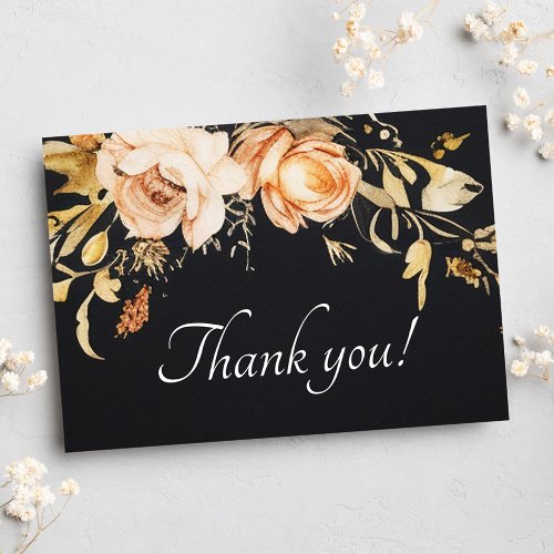 Black Modern Fall Floral Wedding Thank You Card