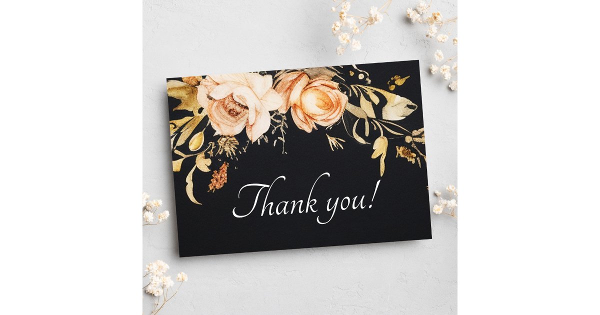 Black Modern Fall Floral Wedding Thank You Card | Zazzle