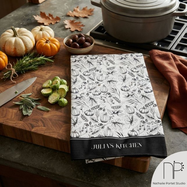 Black Modern Fall Kitchen Towel (This black modern fall kitchen towel features hand-drawn autumn illustrations for seasonal home deco)