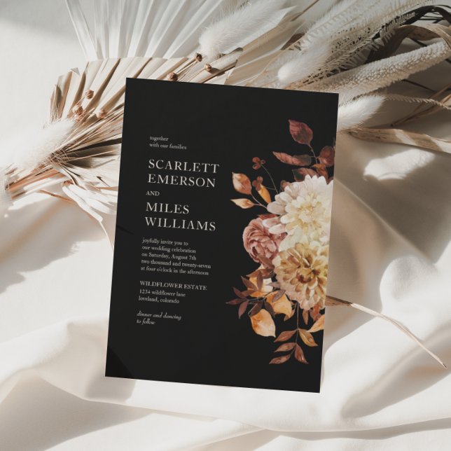 Black Modern Fall Terracotta Floral Wedding Invitation