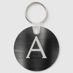 Black Modern Faux Stainless Steel Monogram Keychain