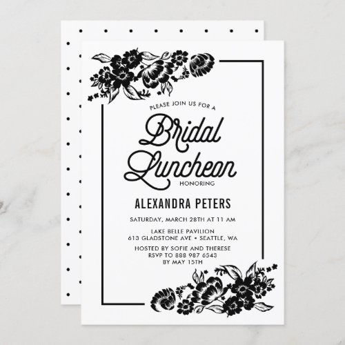 Black Modern Floral Accents Bridal Luncheon Invitation