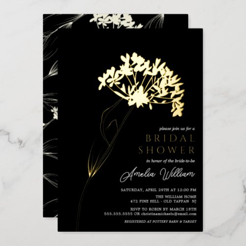 Black Modern Floral Bridal Shower Foil Invitation