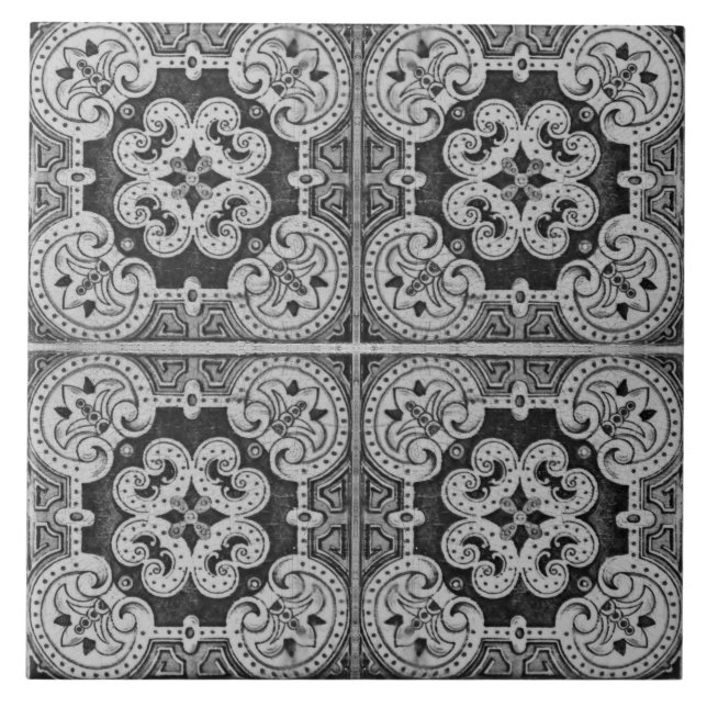 Black Modern Floral Portuguese azulejos decorative Ceramic Tile (Front)