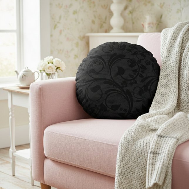 Black Modern Floral Velvet Round Pillow (Creator Uploaded)