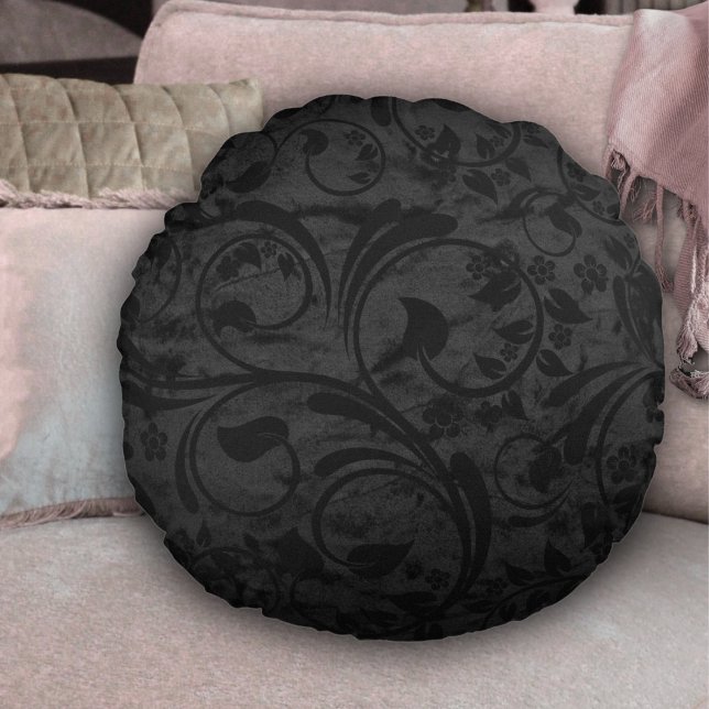Black Modern Floral Velvet Round Pillow (Creator Uploaded)