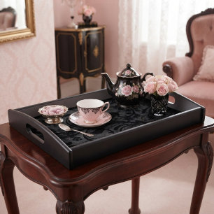 Black Modern Floral Velvet Serving Tray