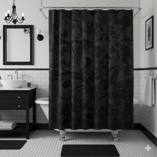 Black Modern Floral Velvet Shower Curtain