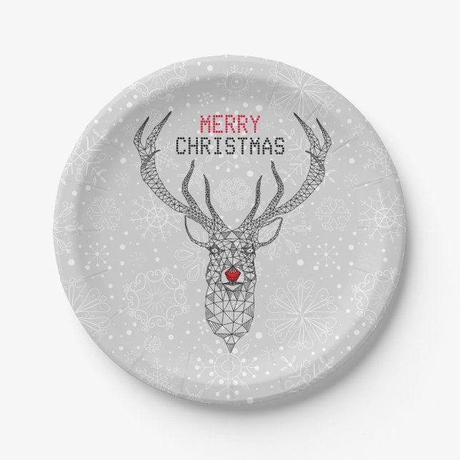 Black Modern Geometric Christmas Deer Paper Plates (Front)