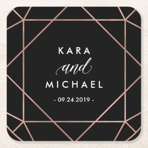 Black Modern Geometric Diamond Wedding Square Paper Coaster