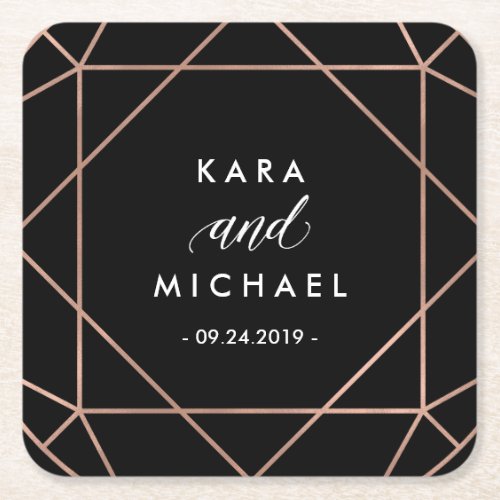 Black Modern Geometric Diamond Wedding Square Paper Coaster