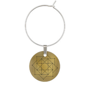 Black Modern Geometric Eight Point Star on Gold Wine Glass Charm