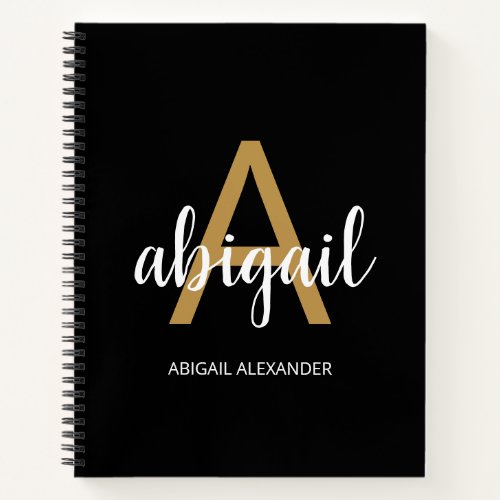 Black Modern Girly Gold Monogram Name Notebook