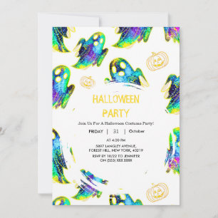 Black Modern Glitter Pumpkin Ghost Halloween Invitation