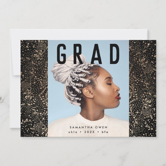 Black Modern Gold Foil Botanicals Grad Photo Announcement (Front)